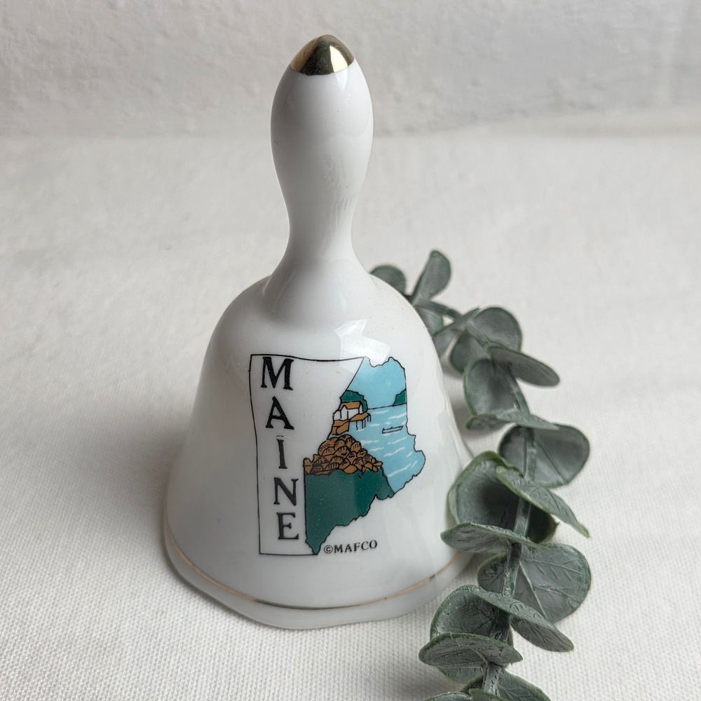 Vintage MAFCO Maine Souvenir Porcelain Bell White Gold Trim Coastal Nautical